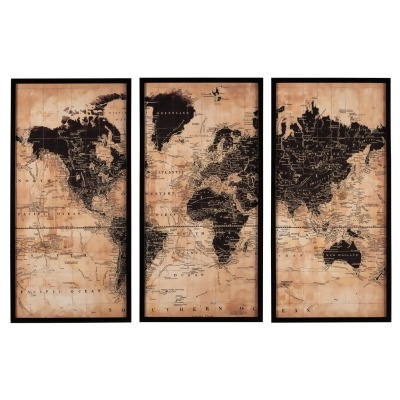 Benjara BM209379 3 Piece Gallery Wrapped Wall Art with Depicting World Map, Brown & Black 