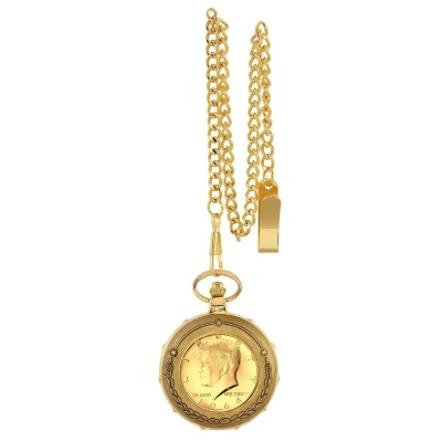UPM Global 13230 Gold-Layered JFK 1964 First Year of Issue Half Dollar Goldtone Train Coin Pocket Watch with Skeleton Movement 