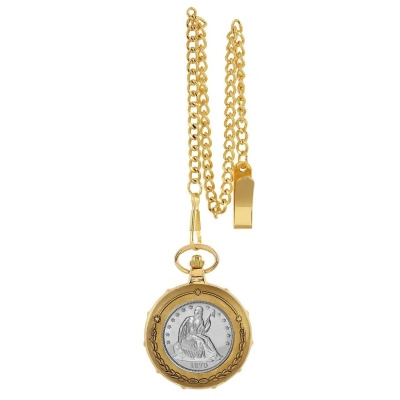 UPM Global 13226 Silver Seated Liberty Half Dollar Goldtone Train Coin Pocket Watch with Skeleton Movement 