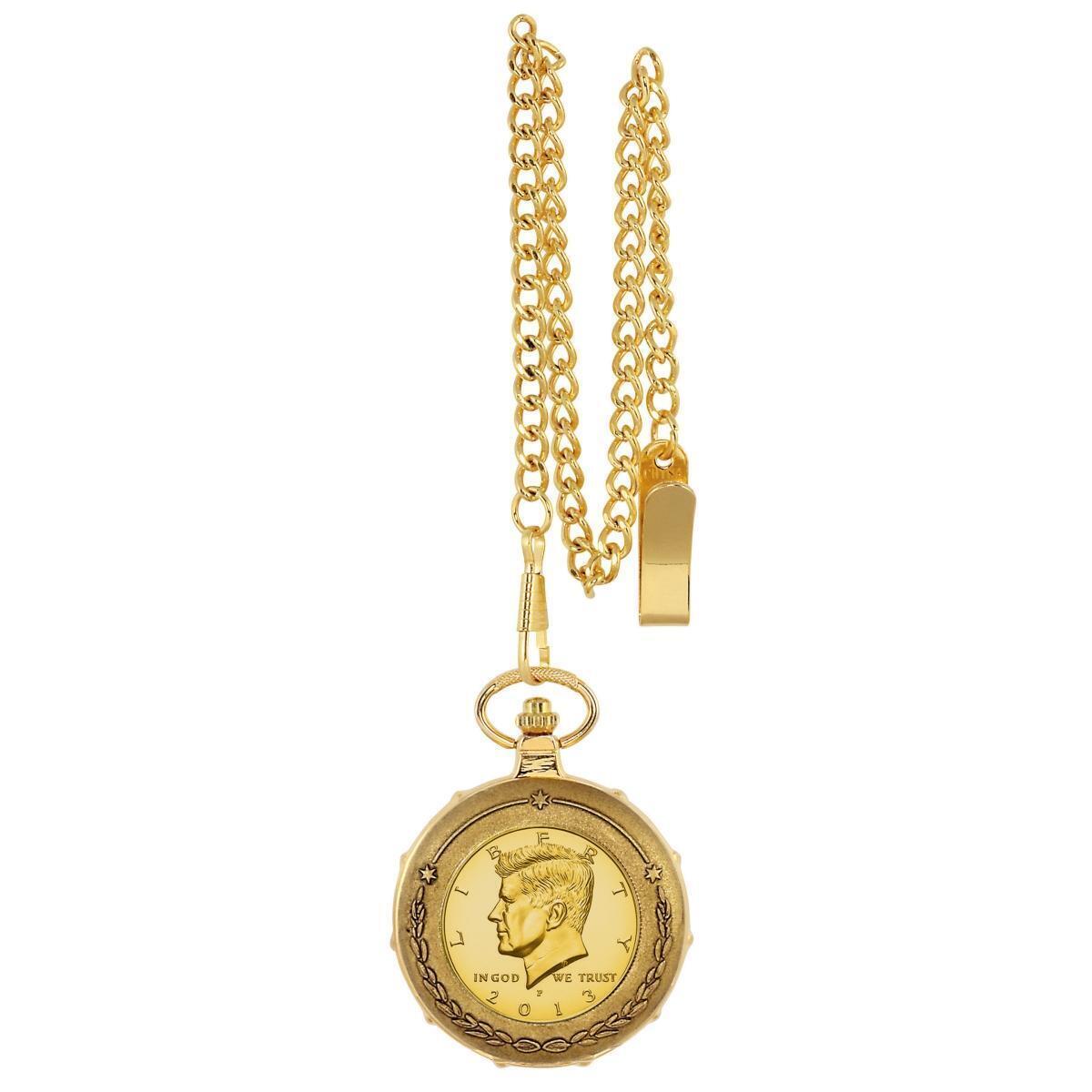 UPM Global 13228 Gold-Layered JFK Half Dollar Goldtone Train Coin Pocket Watch with Skeleton Movement
