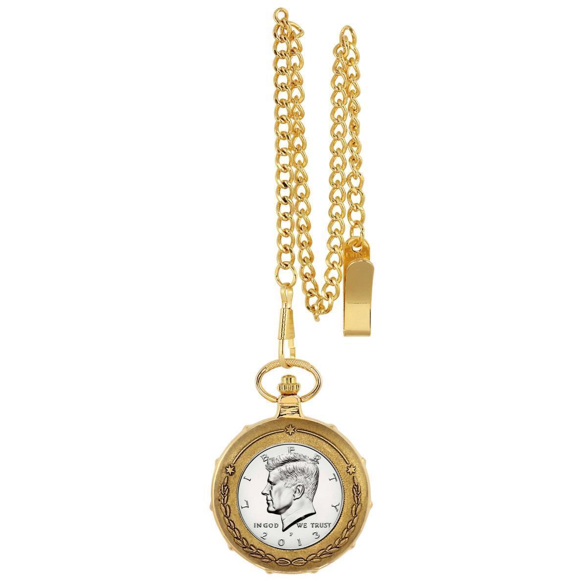 UPM Global 13221 Proof JFK Half Dollar Goldtone Train Coin Pocket Watch with Skeleton Movement