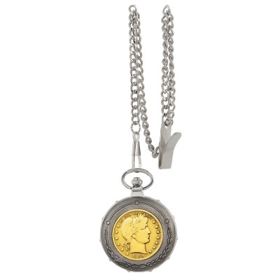UPM Global 13217 Gold-Layered Silver Barber Half Dollar Silvertone Train Coin Pocket Watch 