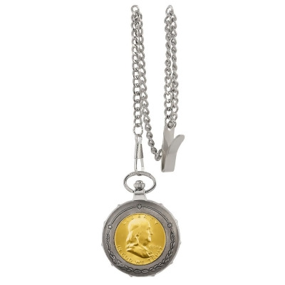 UPM Global 13215 Gold-Layered Silver Franklin Half Dollar Silvertone Train Coin Pocket Watch 