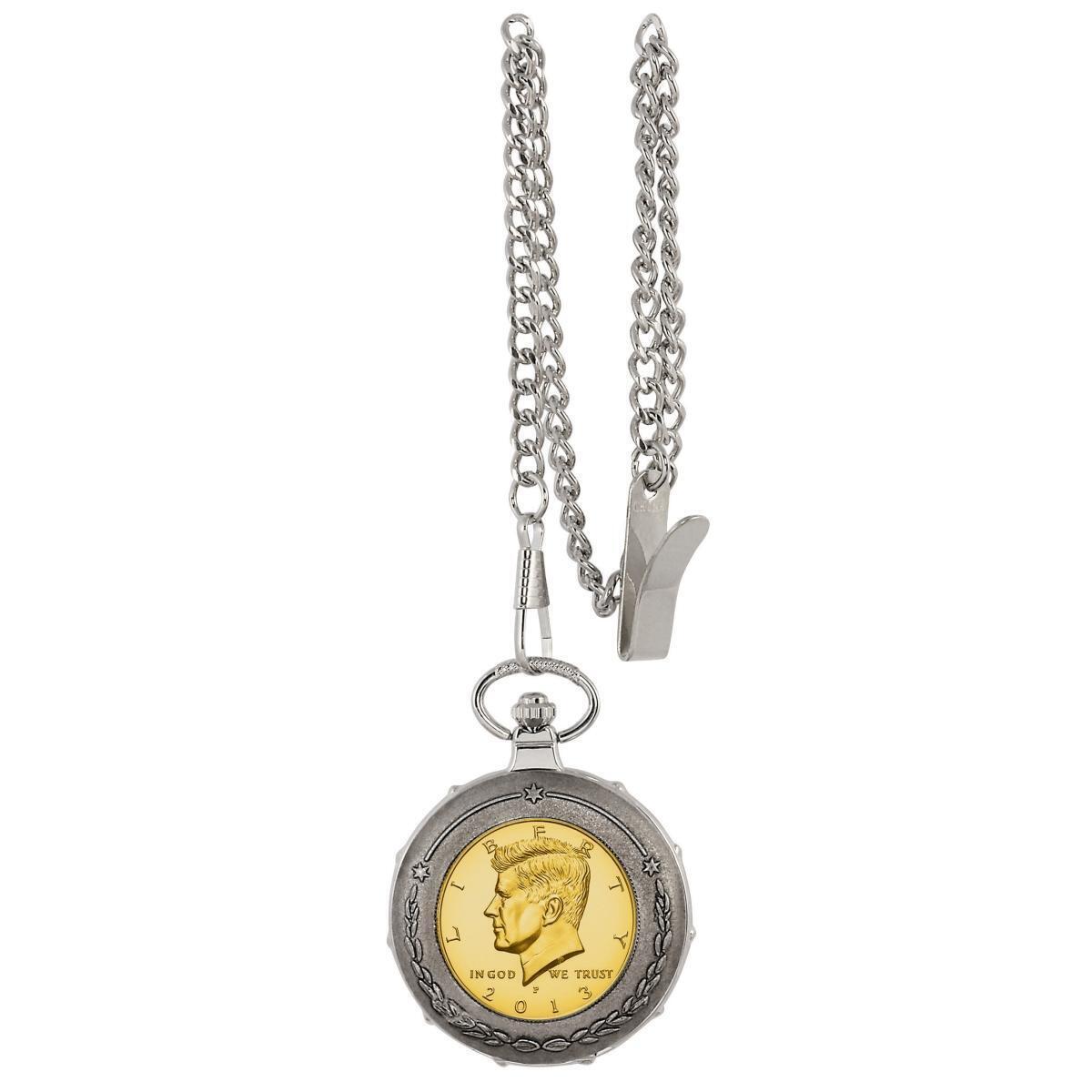 UPM Global 13212 Gold-Layered JFK Half Dollar Silvertone Train Coin Pocket Watch