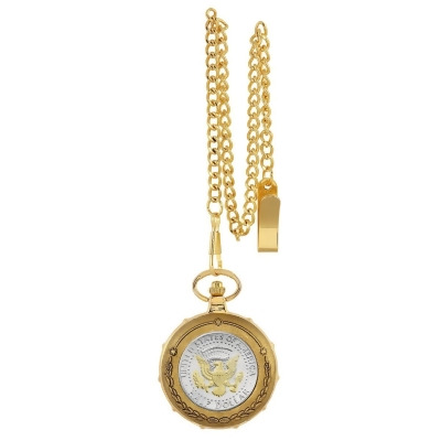 UPM Global 13222 Selectively Gold-Layered Presidential Seal Half Dollar Goldtone Train Coin Pocket Watch with Skeleton Movement 