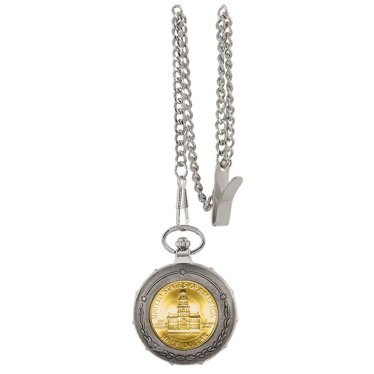 UPM Global 13213 Gold-Layered JFK Bicentennial Half Dollar Silvertone Train Coin Pocket Watch