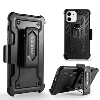 Dream Wireless HSCIP1261-HSTD2-BK 6.1 in. Luxmo 3-In-1 Carbon Fiber Holster Combo Case with Air Vent Holder, Ring Stand & Belt Clip for iphone 12 & 12 Pro, Black 