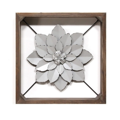 HomeRoots 373175 Grey Metal & Wood Framed Wall Flower 