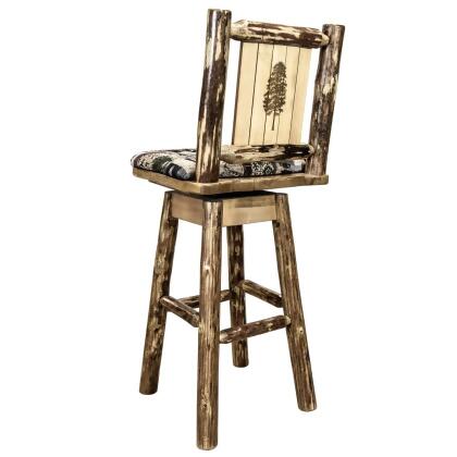 Montana Woodworks MWGCBSWSNRWOOD24LZPINE Glacier Country Counter Height Barstool with Back & Swivel, Woodland Upholstery with Laser Engraved Pine Tree Design 