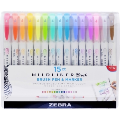 Zebra Pen ZEB79115 Mildliner Brush Pen & Marker Set - Assorted Ink Color - Pack of 15 