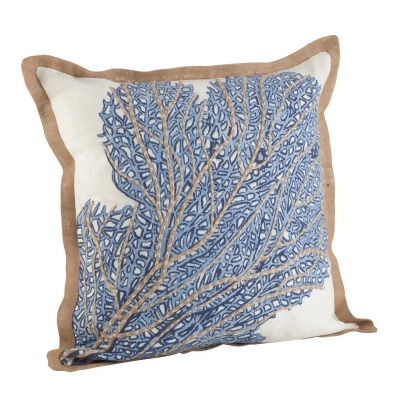 SARO 5432.NB20S 20 in. Square Sea Fan Coral Print Cotton Down Filled Throw Pillow Navy Blue 