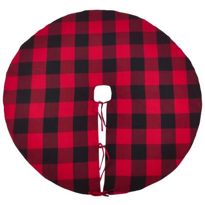 SARO 9025.R53R 53 in. Round Buffalo Plaid Design Decorative Cotton Christmas Tree Skirt Red 