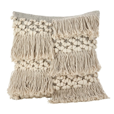 SARO 6453.I18S 18 in. Square Moroccan Wedding Blanket Design Fringe Cotton Down Filled Throw Pillow Ivory 