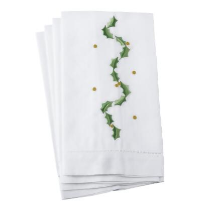 SARO XM612.W1422 Holly Leaf Garland Embroidery Christmas Hemstitched Linen Cotton Guest Towel White - Set of 4 