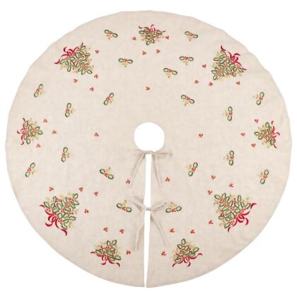 SARO XM641.N56R Embroidered Holly Design Decorative Linen Blend Christmas Tree Skirt Natural 