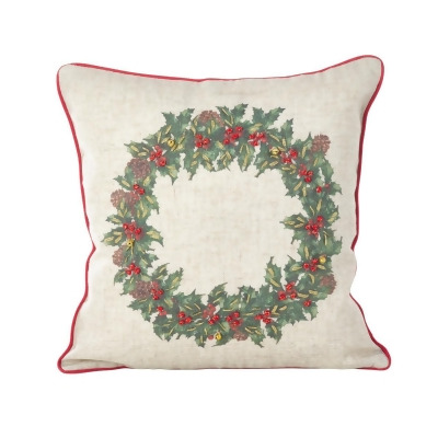 SARO 5483.M16S 16 in. Square Holly Wreath Jingle Bell Christmas Poly Filled Throw Pillow Multi Color 
