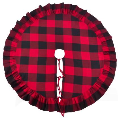 SARO 9025R.R53R 53 in. Round Buffalo Plaid Ruffle Design Decorative Cotton Christmas Tree Skirt Red 
