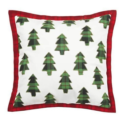 Mistletoe 31JES161C18SQ Plaid Trees Applique Embroidery Holiday Pillow, Red & Green 