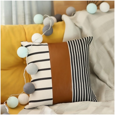 HomeRoots 386785 Faux Leather & Monochromatic Stripes Decorative Pillow Cover 