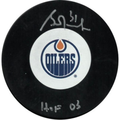 Athlon Sports CTBL-029993 Grant Fuhr Signed Edmonton Oilers Logo - No. 31 HOF 03- Beckett Witnessed Hockey Puck 