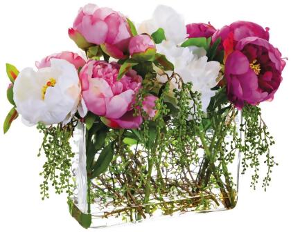 Allstate Floral WF1795-RB-CR 14 x 18 x 19 in. Peony & Berry Rectangular Glass Vase, Rubrum & Cream 