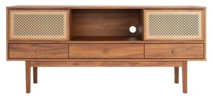 Safavieh MED9606A-2BX Ceu 3 Drawer 1 Shelf Media Stand, Walnut & Gold 