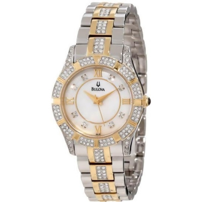 Bulova 98L135 Two Tone Stainless Steel Case & Bracelet Mother of Pearl Dial Crystals Ladies Watch 