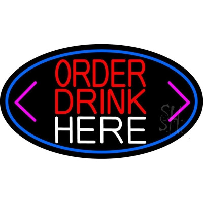 Everything Neon N105-15822 Order Drinks Here With Arrow Oval With Blue Border LED Neon Sign 10 x 24 - inches 