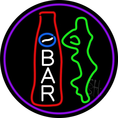 Everything Neon N105-15278 Custom Bar With Bottle And Girl Oval With Purple Border LED Neon Sign 18 x 18 - inches 