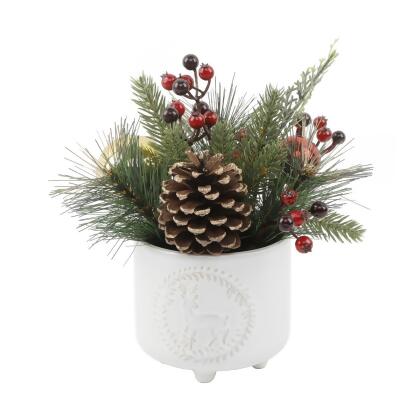 Flora Bunda CH2063E-IVORY Xmas Mix in Deer Wreath Ceramic Footed Pot 4.75X4.75X4.25 