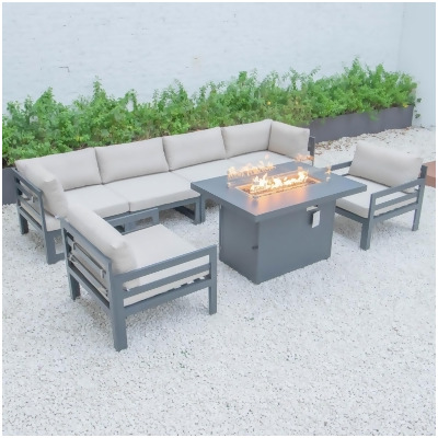 LeisureMod CSFARBL-7BG 24.8 x 113.62 x 60 in. Chelsea 7 Piece Patio Sectional & Fire Pit Table with Black Aluminum Cushions, Beige 