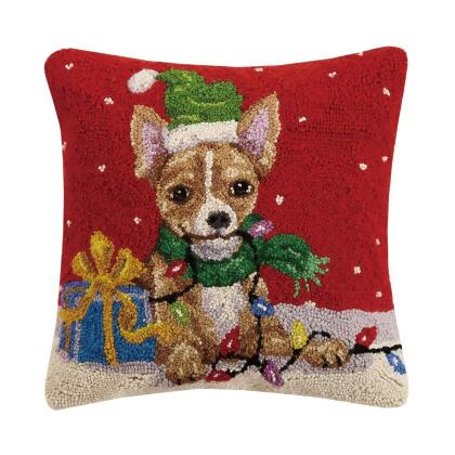 Peking Handicraft 31SJM10070C16SQ 16 x 16 in. Holiday Brown Chihuahua Hook Pillow 