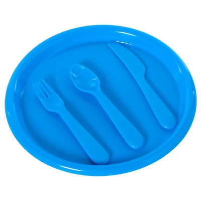 Basicwise QI003831.BL 0.75 x 10 x 10 in. Reusable Cutlery Plastic Plates, Spoons, Forks & Knives for Baby & Toddlers, Blue - Set of 4 