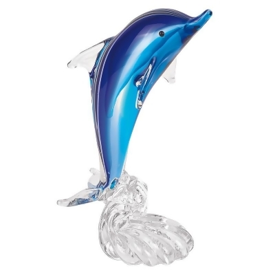 HomeRoots 390104 10 x 6 x 4 in. Murano Style Art Blue Glass Dolphin Riding a Wave Sculpture 