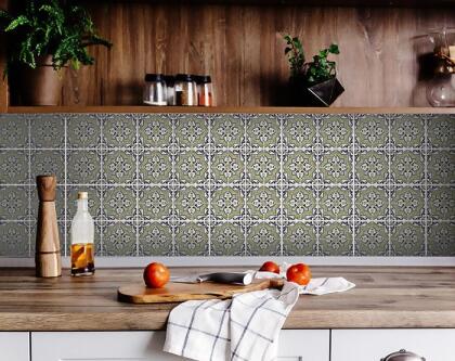 HomeRoots 400205 5 x 5 in. Vintage Aegean Olive Green Removable Peel & Stick Tiles 