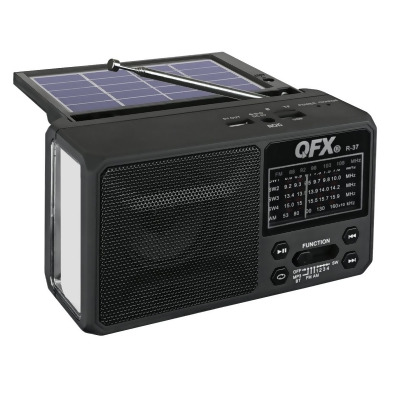 QFX R-37 BLK Rechargeable Solar 6 Band Radio with Flashlight AM, FM & SW 1-4 & Phone Charger, Black 
