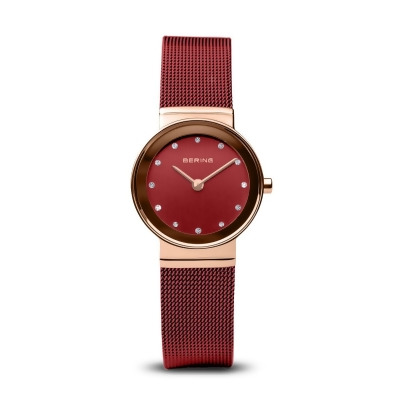 Bering 10126-363 26 mm Female Classic Polished Rose Gold Mesh Watch with Red Dial 