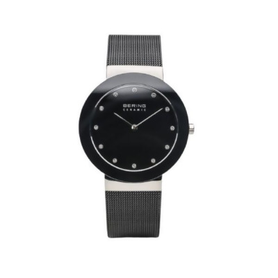 Bering 11435-102 Female Ceramic Polished Silver Mesh Watch with Black Dial 
