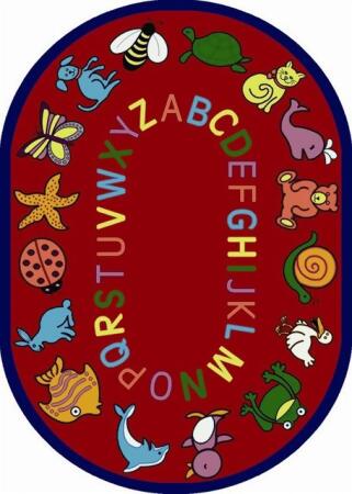 Joy Carpets 1449DD-02 ABC Animals Red 7 ft.8 in. x 10 ft.9 in. Oval WearOn Nylon Machine Tufted- Cut Pile Educational Rug 