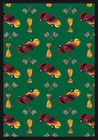 Joy Carpets 1454C-03 Start Your Engines Green 5 ft.4 in. x 7 ft.8 in. WearOn Nylon Machine Tufted- Cut Pile Just for Kids Rug
