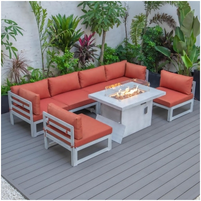 LeisureMod CSFWGR-7OR Chelsea Patio Sectional & Fire Pit Table for Weathered Grey Aluminum with Cushions, Orange - 7 Piece 