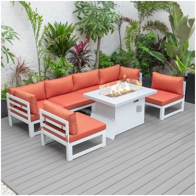 LeisureMod CSFW-7OR Chelsea Patio Sectional & Fire Pit Table for White Aluminum with Cushions, Orange - 7 Piece 