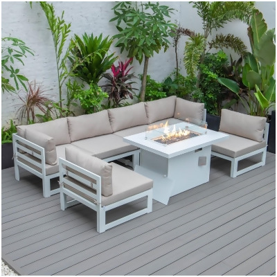 LeisureMod CSFW-7BG Chelsea Patio Sectional & Fire Pit Table for White Aluminum with Cushions, Beige - 7 Piece 
