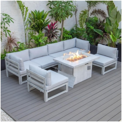 LeisureMod CSFWGR-7LGR 24.8 x 113.62 x 58.98 in. Chelsea Patio Aluminum Sectional & Fire Pit Table with Cushion, Light Grey & Weathered Grey - 7 Piece 