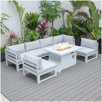 LeisureMod CSFW-7LGR 24.8 x 113.62 x 58.98 in. Chelsea Patio Aluminum Sectional & Fire Pit Table with Cushion, Light Grey & White - 7 Piece 