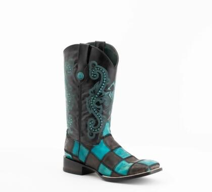 Ferrini 1139350115D Mens Patchwork S-Toe Boots, Black & Turquoise - Size 11.5D