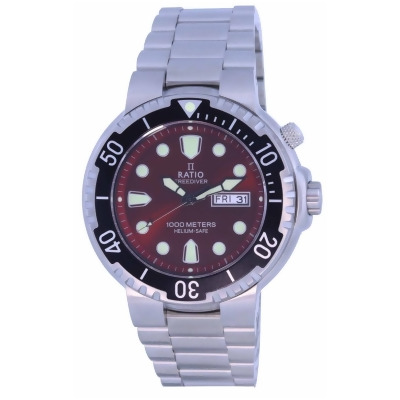 Ratio 1050HA93-02V-RED 1000 m Mens Diver Dial Stainless Steel Quartz Watch, Red & Black 