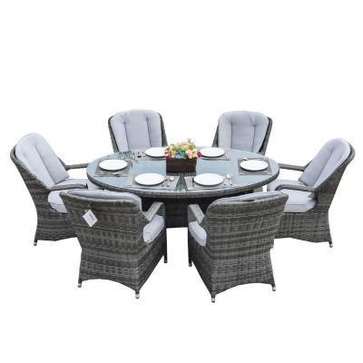Direct Wicker PAD-1713-Grey 7 Piece 6 Seat Outdoor Garden Lamao Rattan Oval Dining Table and Chairs Set 