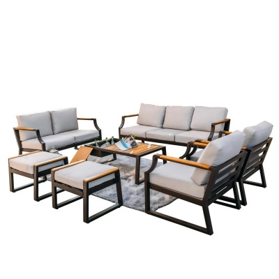 Direct Wicker PAS-2101-Black 7 Piece Outdoor Black Iron Conversational Sofa Set with Gray Cushions and Drink Cooler 