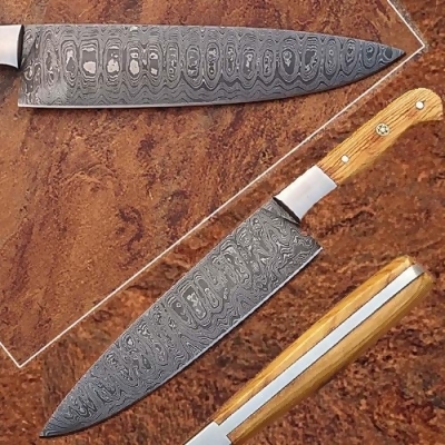 EdgeWork SDM-2155 Custom Handmade Damascus Steel Chef Knife Olive Wood Handle 
